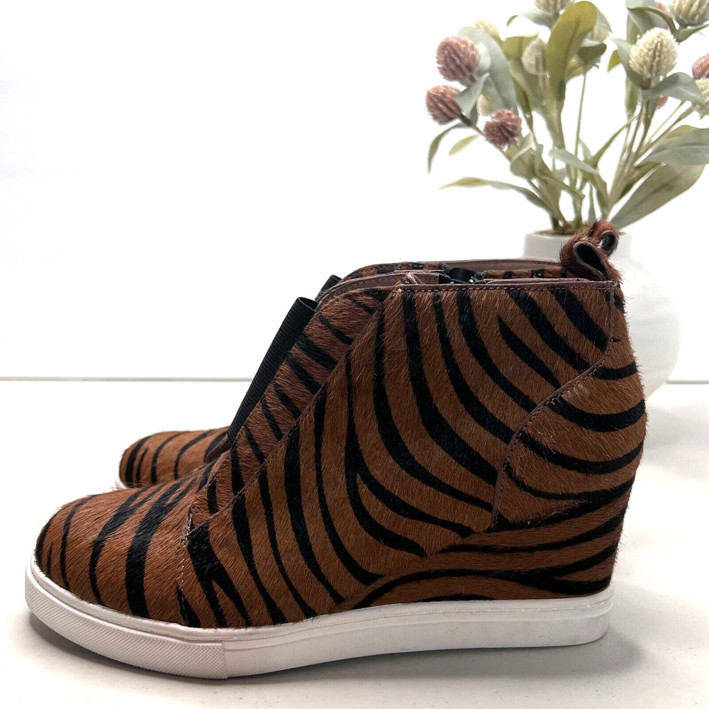 Linea Paolo Felicia Zebra Print Calf Hair Wedge Bootie Brown/Black Women 6.5 M